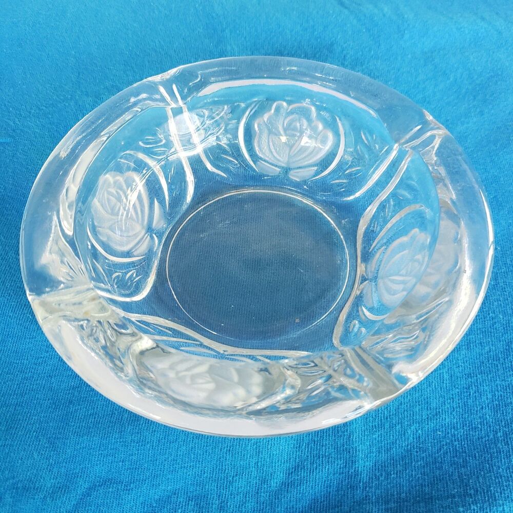 Vintage Clear Glass Frosted Rose Ashtray 4 Rest Pressed Glass Floral Dish 5.5"